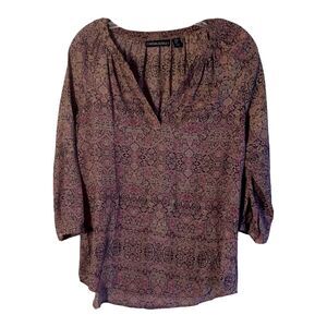 Cynthia Rowley Blouse Women Small Black Burgundy Pink Floral Paisley 3/4 Sleeve